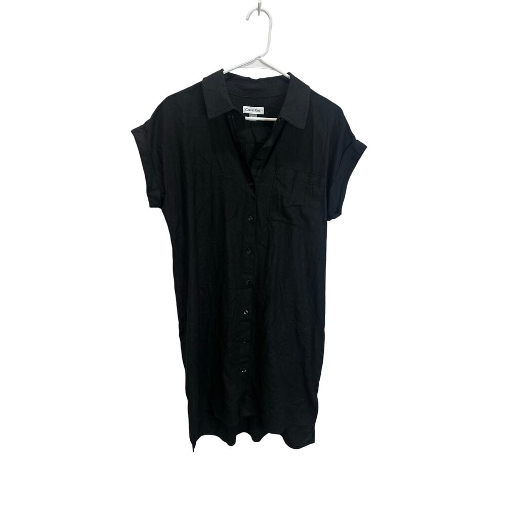 Calvin Klein NWT Sz 8 Black Linen Blend Button Up Dress V Neck Collared Shirt